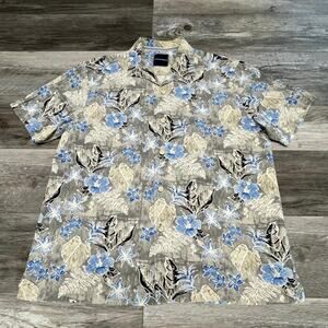 Tommy Bahama Gray‎ Hibiscus Tropical AOP Mens L Silk Hawaiian Button Down Shirt